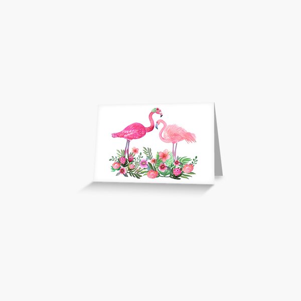 Pink Flamingo watercolor tropical flower garden on teal, painted in watercolor Greeting Card