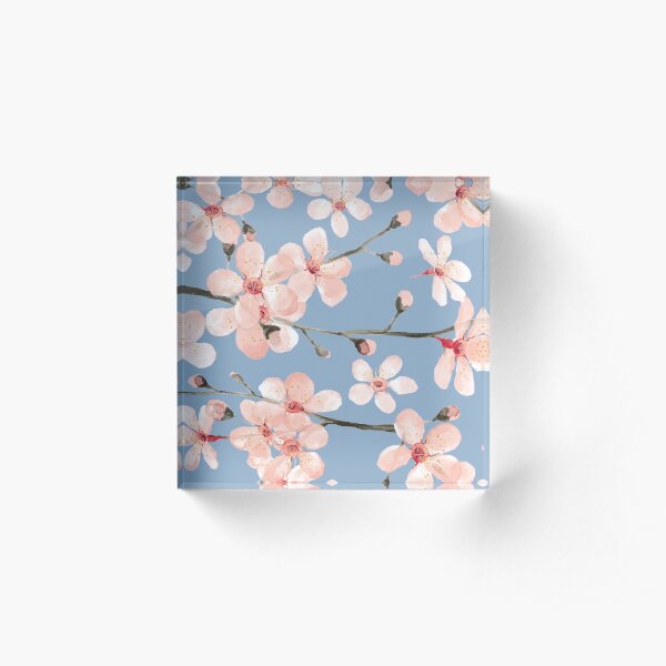 Cherry Blossom, blush pink watercolor on slate blue Acrylic Block