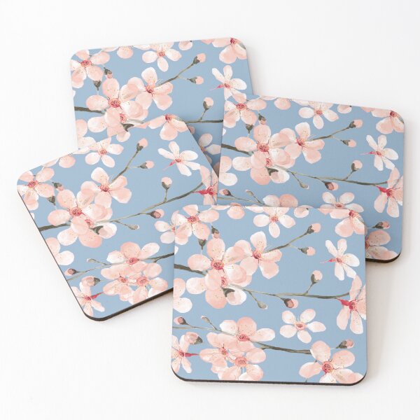 Item preview, Cherry Blossom, blush pink watercolor on slate blue designed and sold by MagentaRose.