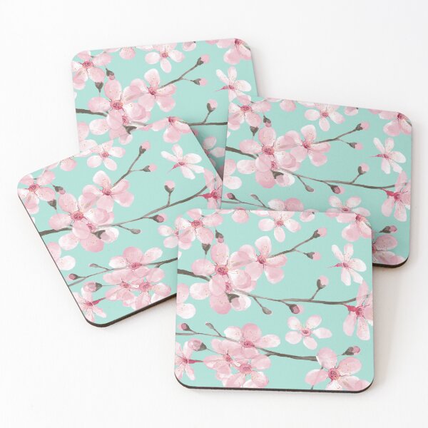 Item preview, cherry blossom on mint, pink cherry blossom watercolor designed and sold by MagentaRose.