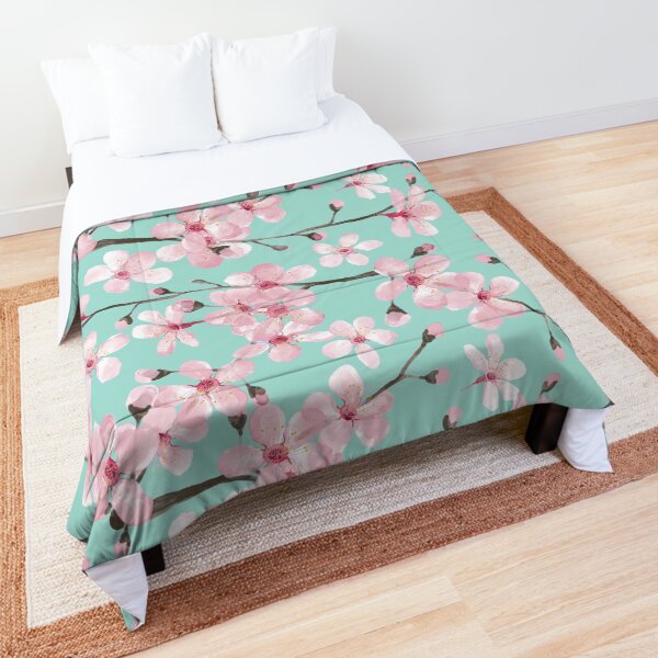 cherry blossom on mint, pink cherry blossom watercolor Comforter
