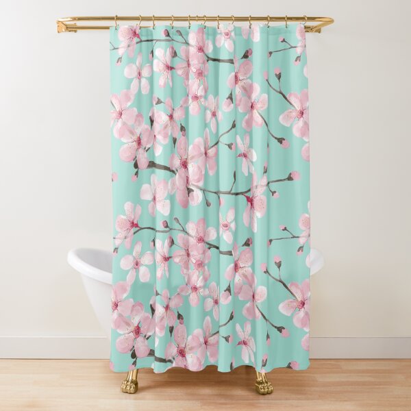 cherry blossom on mint, pink cherry blossom watercolor Shower Curtain