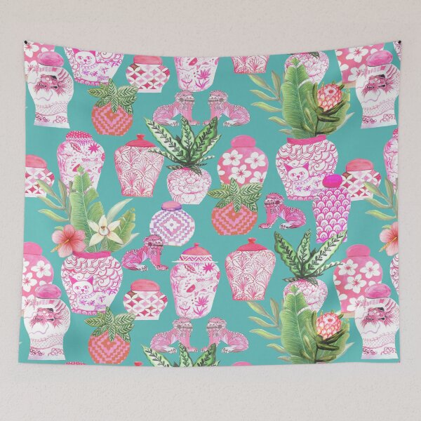 Item preview, Pink Chinese ginger jars on teal, Chinoiserie design designed and sold by MagentaRose.