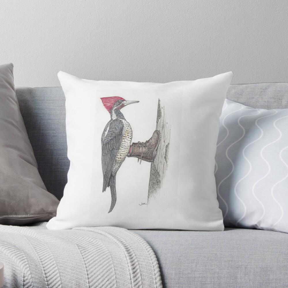 Woodpecker in logging boots Throw Pillow