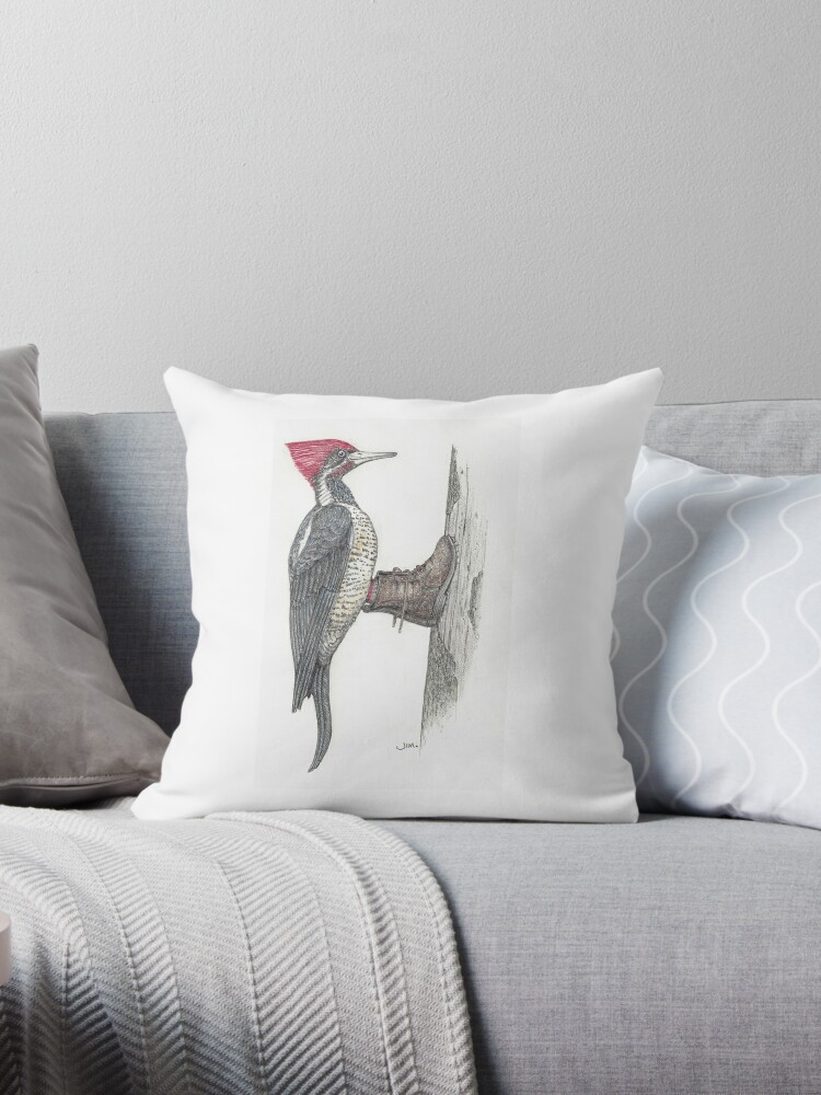 Throw Pillow, Woodpecker in logging boots designed and sold by JimsBirds