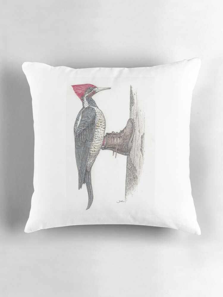 Thumbnail 3 of 4, Pillow, Woodpecker in logging boots designed and sold by JimsBirds.