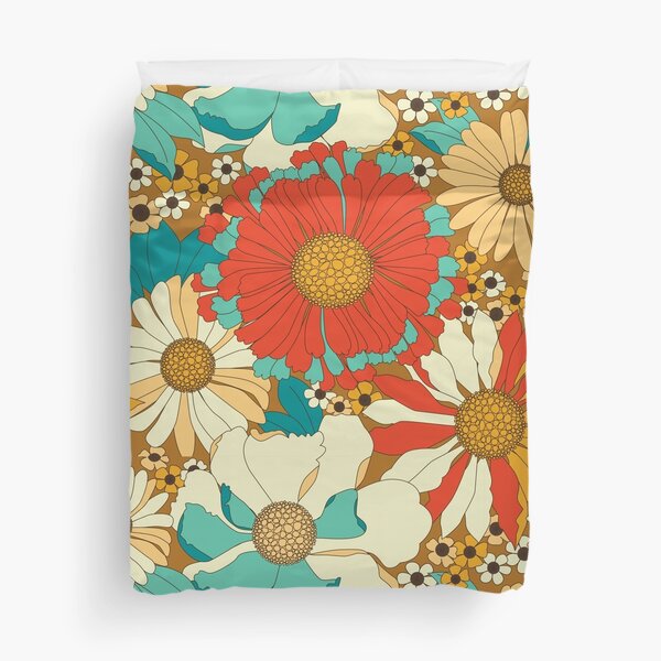 Red, Orange, Turquoise & Brown Retro Floral Pattern Duvet Cover