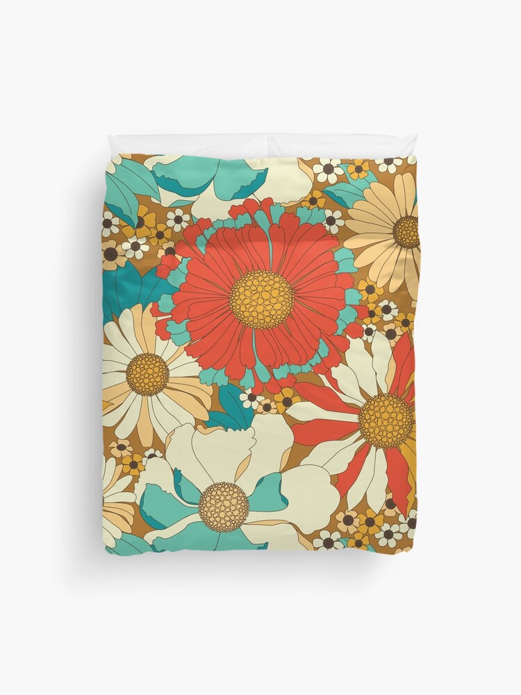 Thumbnail 1 of 2, Duvet Cover, Red, Orange, Turquoise & Brown Retro Floral Pattern designed and sold by Eyestigmatic.