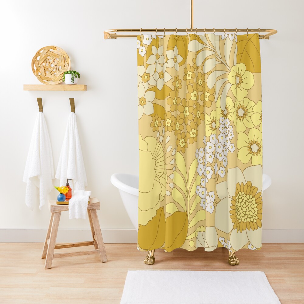 Yellow, Ivory & Brown Retro Floral Pattern Shower Curtain