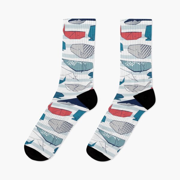 Item preview, Origami Sea // white and blue nautical stripes background teal white grey and red whales designed and sold by SelmaCardoso.