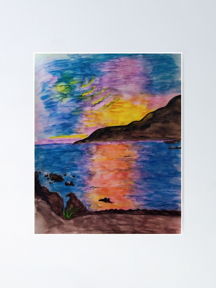Watercolor Drawing of Lake at Sunset and Trees. Stock Photo - Image of  artwork, beauty: 192428046