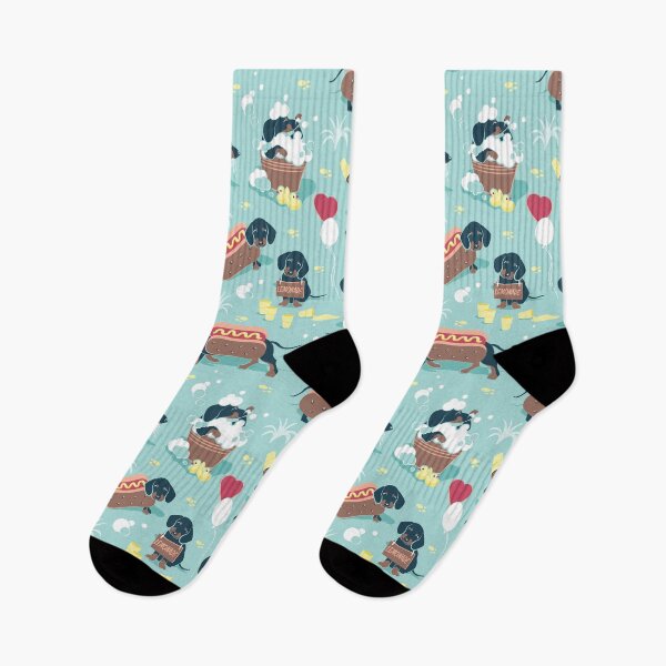 Item preview, Hot dogs and lemonade // aqua green background navy and brown dachshunds  designed and sold by SelmaCardoso.