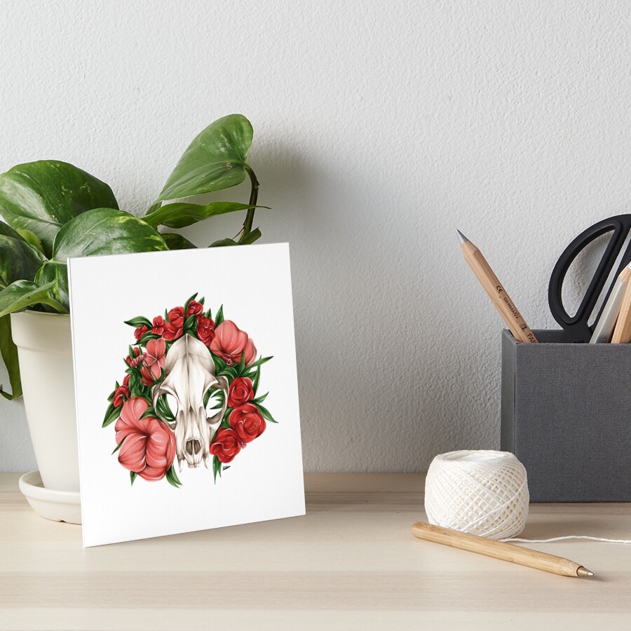 Bobcat Skull with Flowers Art Board Print