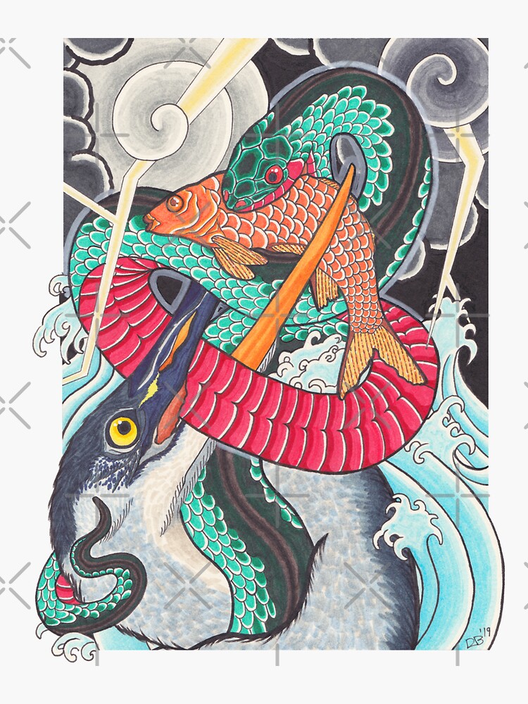 Blue Heron Fish Snake Storm Irezumi Sticker for Sale by danibeez