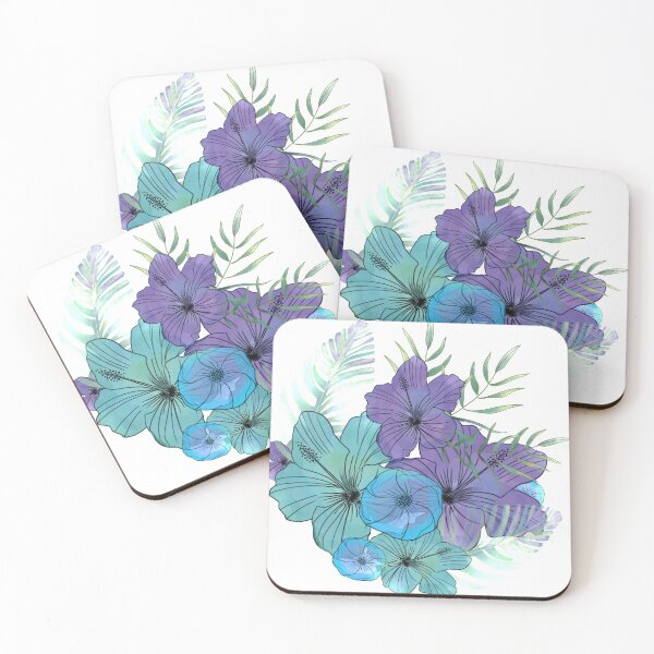 Item preview, Tropical purple floral hibiscus bouquet green palm leaves designed and sold by ahahdodo.