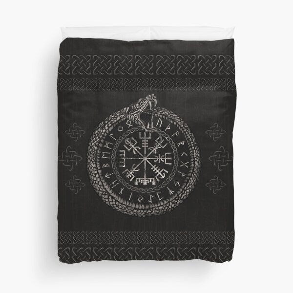 Vegvisir with Ouroboros and runes Duvet Cover