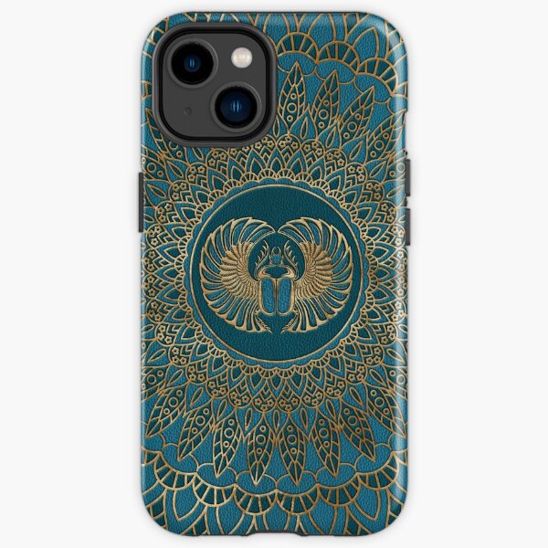Egyptian Scarab Beetle Gold on Teal Leather iPhone Tough Case