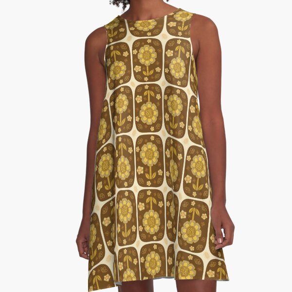 Retro Mustard Flowers in Geometric Layout A-Line Dress