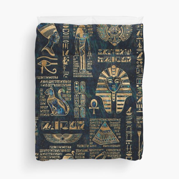 Egyptian hieroglyphs and deities -Abalone and gold Duvet Cover