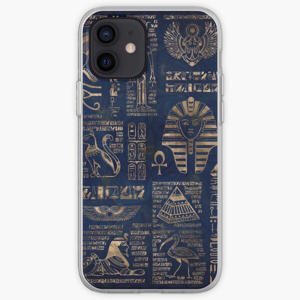 Egyptian hieroglyphs and deities-gold on blue marble iPhone Soft Case