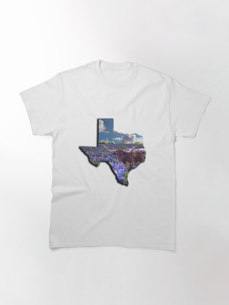 Thumbnail 2 of 7, Classic T-Shirt, Lone Star Pride - State of Texas Shape a Longhorn in a Field of Bluebonnets designed and sold by Warren Paul Harris.