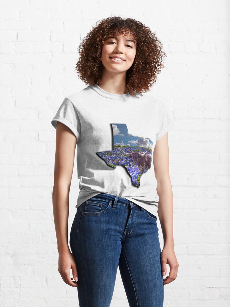 Thumbnail 4 of 7, Classic T-Shirt, Lone Star Pride - State of Texas Shape a Longhorn in a Field of Bluebonnets designed and sold by Warren Paul Harris.