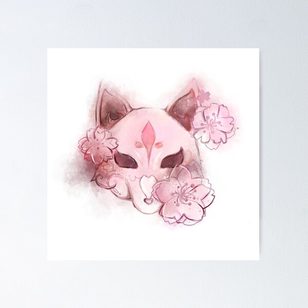 Item preview, Kawaii Japanese Pink Kitsune (Fox Spirit) Mask with Sakuras designed and sold by afireArts.