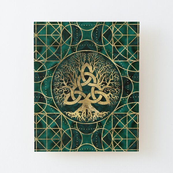 Tree of life with Triquetra Malachite and Gold Wood Mounted Print