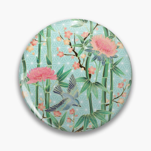 Bamboo, Birds and Blossom - soft blue green Pin