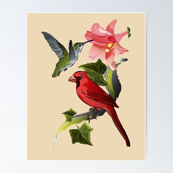 Item preview, Cardinal and Hummingbird with Pink Lily and Ivy designed and sold by MMAndersonArt.