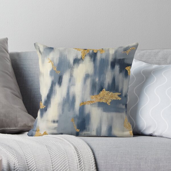Blue and Gold Ikat Abstract Throw Pillow