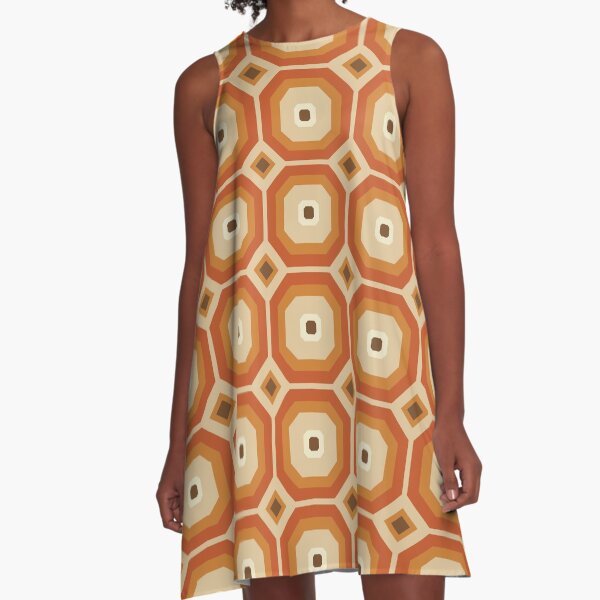 Brown, Orange and Ivory Geometric Retro Octagon Pattern A-Line Dress