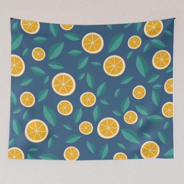 Item preview, Oranges and Leaves Fruit Pattern Dark Blue designed and sold by crazyclementine.