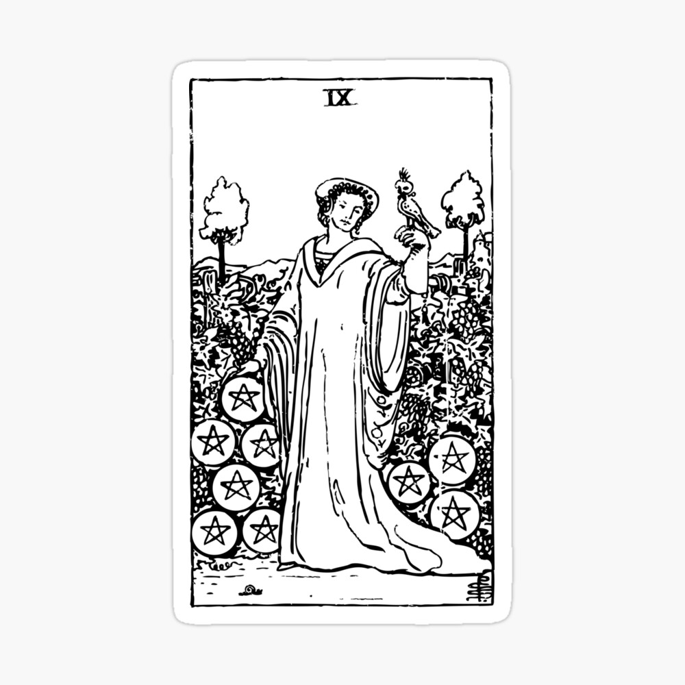 Tarot Card 9 Of Pentacles Nine Of Pentacles Black White Poster By Tarotcarddesign Redbubble