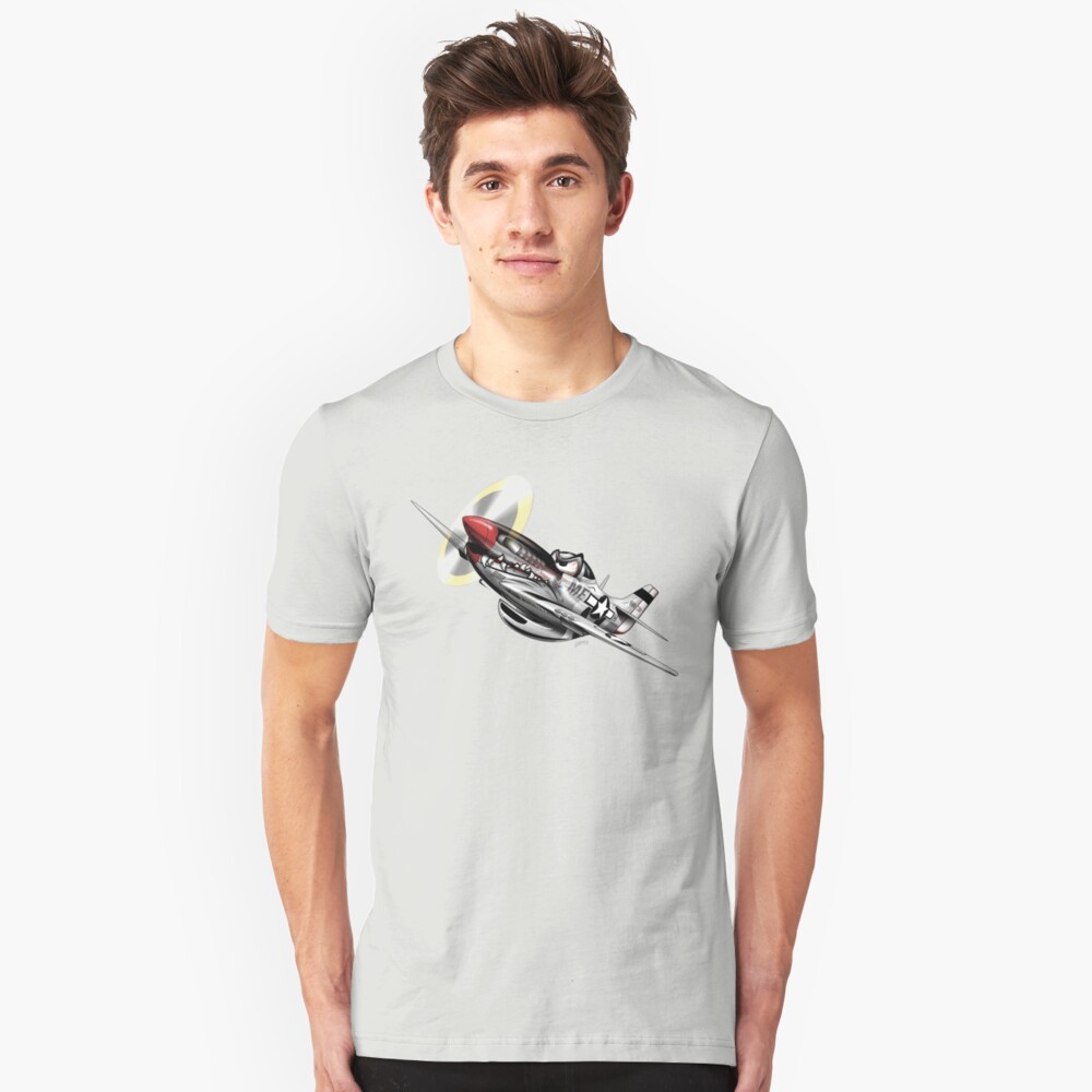WW-II Warbird P-51 Mustang Airplane Cartoon Slim Fit T-Shirt