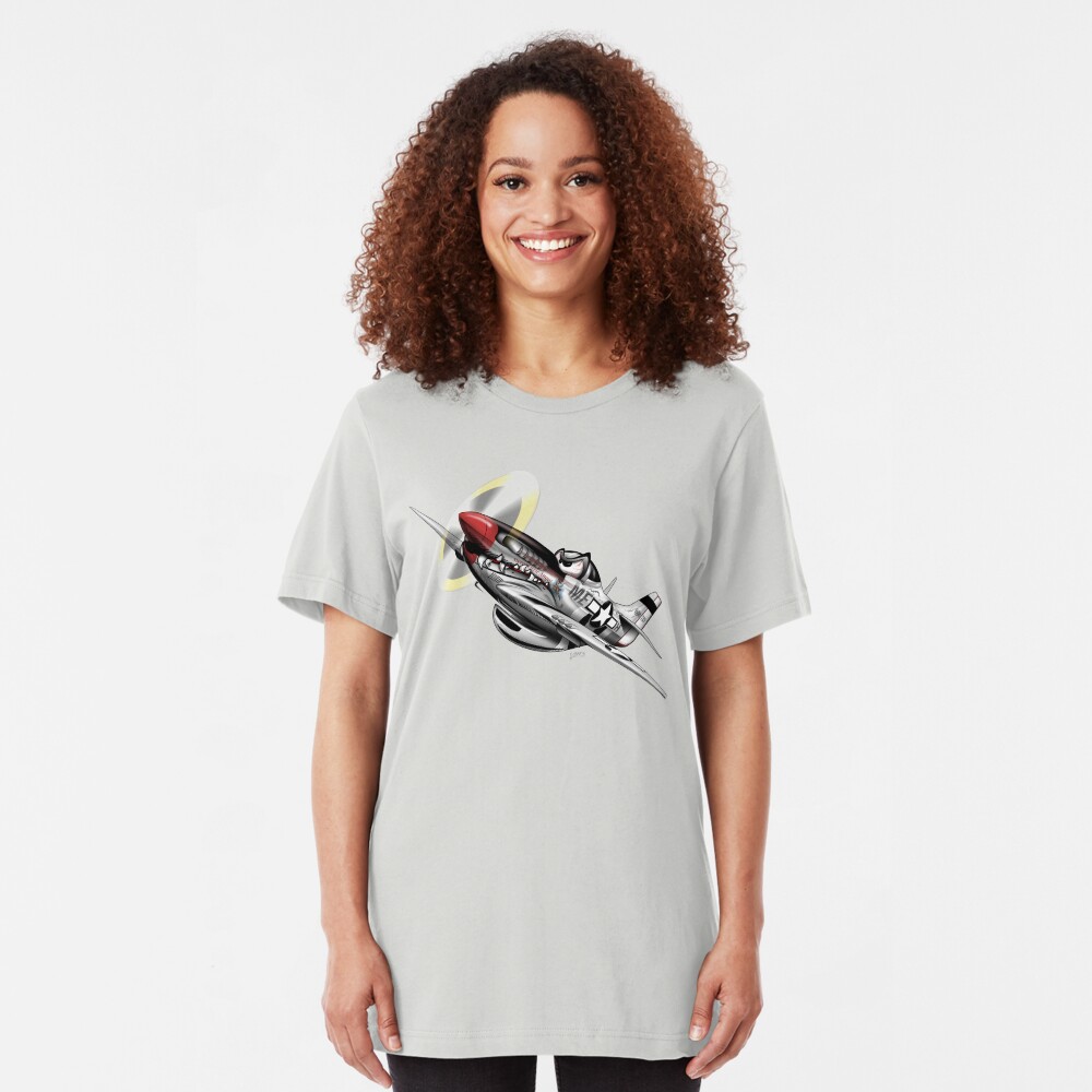 WW-II Warbird P-51 Mustang Airplane Cartoon Slim Fit T-Shirt