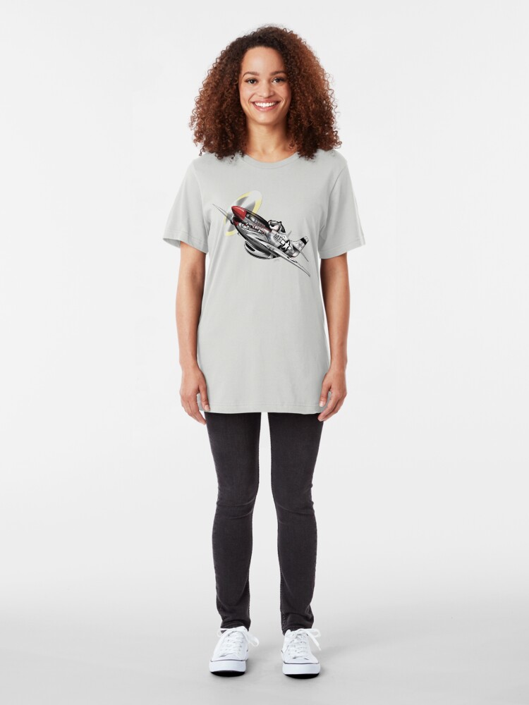 Alternate view of WW-II Warbird P-51 Mustang Airplane Cartoon Slim Fit T-Shirt