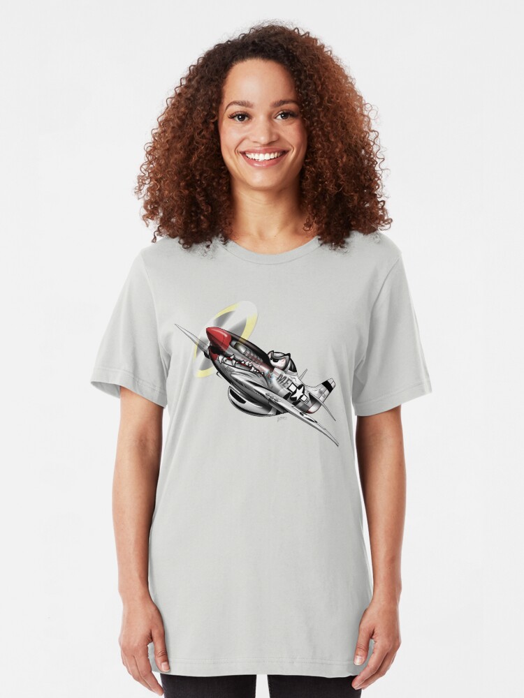 Alternate view of WW-II Warbird P-51 Mustang Airplane Cartoon Slim Fit T-Shirt