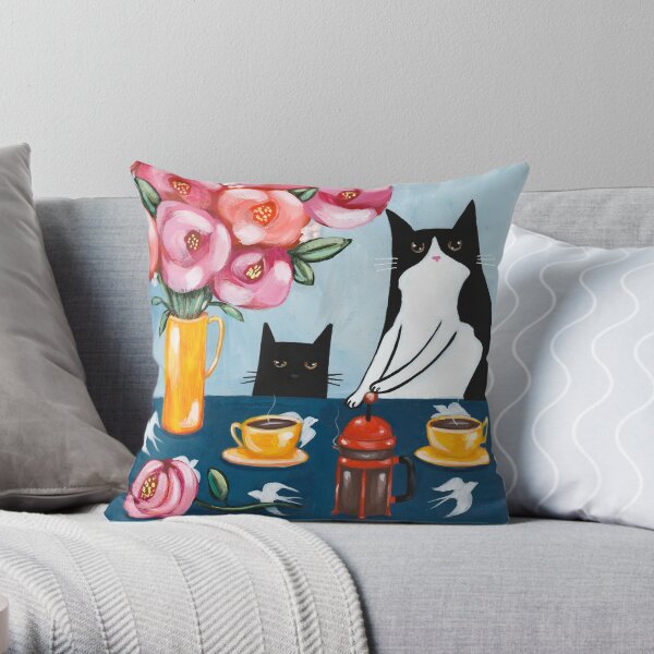 French Press Coffee Cats Throw Pillow