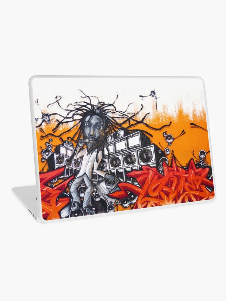 Graffiti Reggae music singer with loud speaker and dread hairs hiphop  orange red and white HD | Laptop Skin