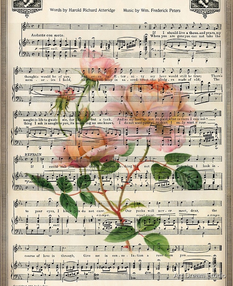 Botanical print on vintage music sheet - A rose from you | iPad Case & Skin