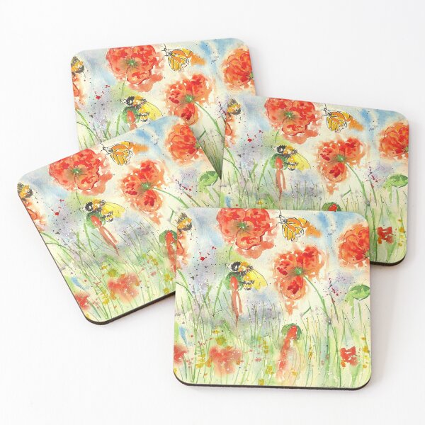 Item preview, Bumblebees and a Butterfly among Crimson  Poppies designed and sold by Casimirasart.
