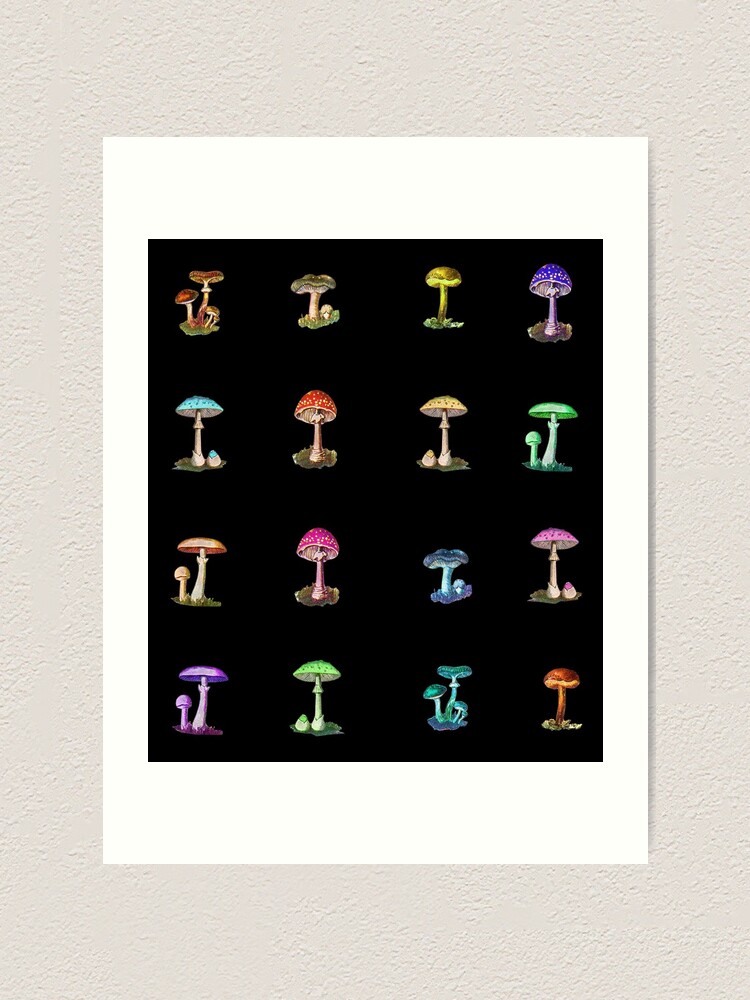 Alternate view of Colorful Magic Mushrooms on Black Art Print