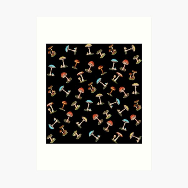 Electric Magic Mushrooms on Black Art Print