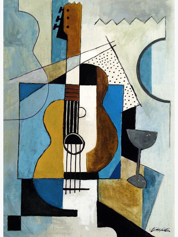 Abstract LADY GUITAR cubist inspired art, acrylic painting good on a canvas board.