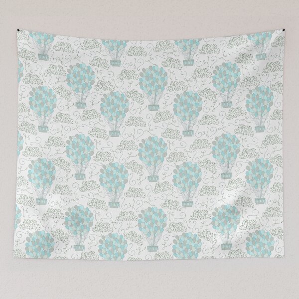 Item preview, Vintage hot air balloons line drawing pastel turquoise blue designed and sold by Latch Farm  Studios.