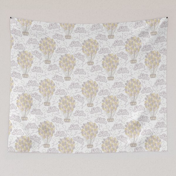 Item preview, Vintage hot air balloons line drawing pastel yellow and grey designed and sold by Latch Farm  Studios.
