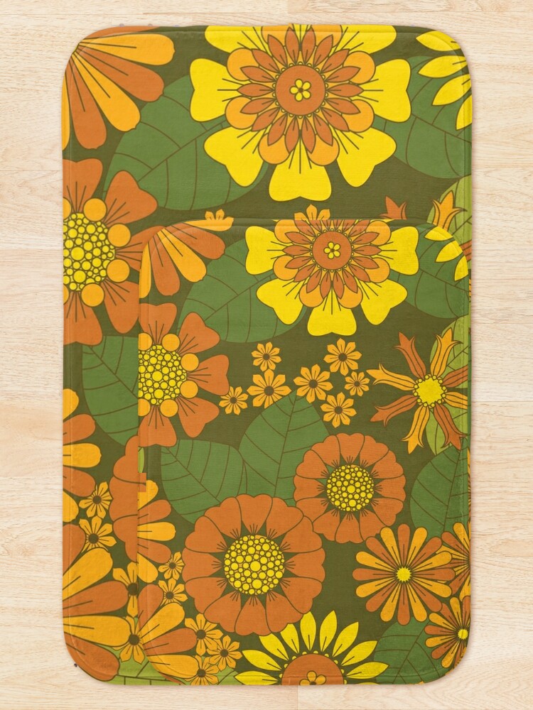 Alternate view of Orange, Brown, Yellow and Green Retro Daisy Pattern Bath Mat