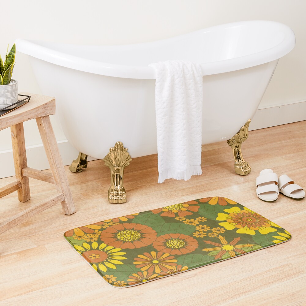 Orange, Brown, Yellow and Green Retro Daisy Pattern Bath Mat