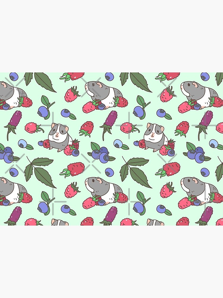 Gray Guinea pig, raspberries and blueberries pattern in mint background by Miri-Noristudio